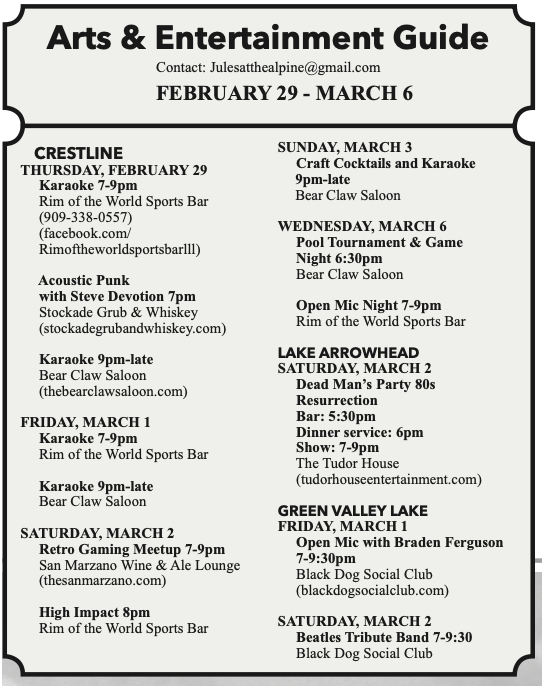 Arts & entertainment events February 29 to March 6.